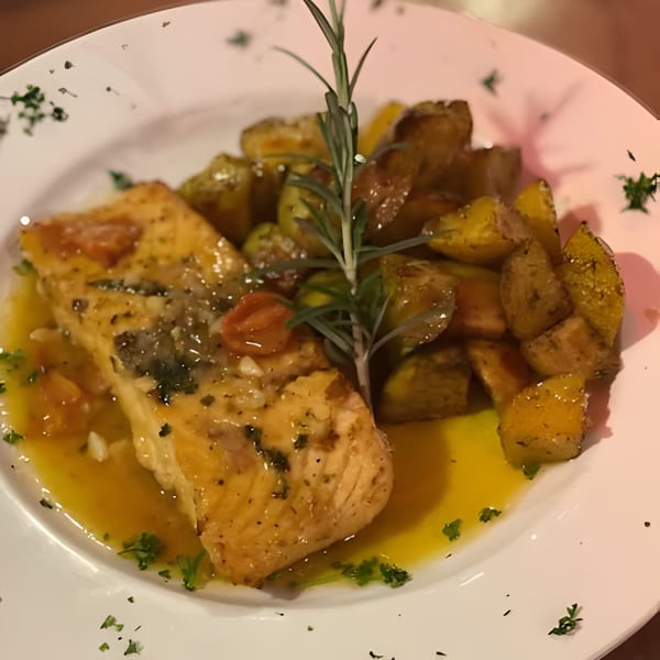 Pan-seared salmon with cherry tomatoes, herbs, and roasted potatoes, garnished with rosemary.
